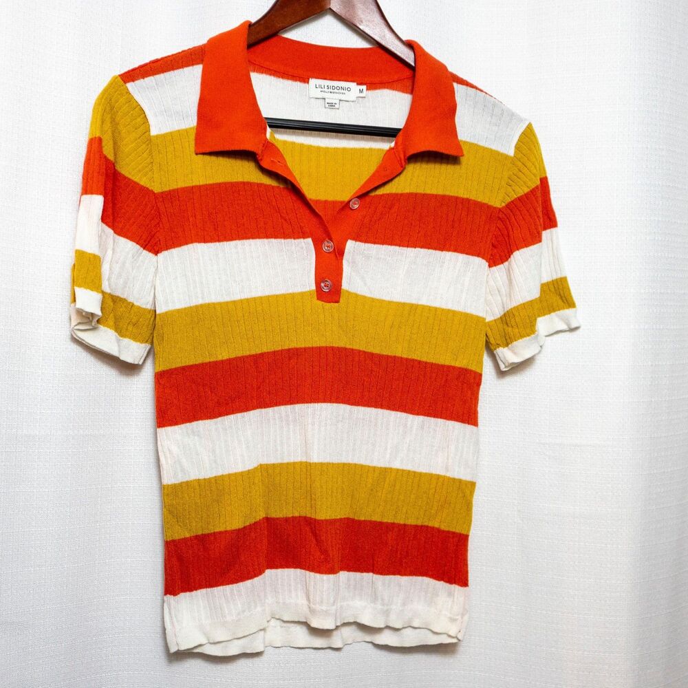 Retro Y2K Mod Striped Knit Polo Sunset Orange Mustard Top M